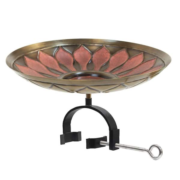 16.75 in. L Round Antique Brass Red African Daisy Birdbath w/ Wrought Iron Over Rail Bracket