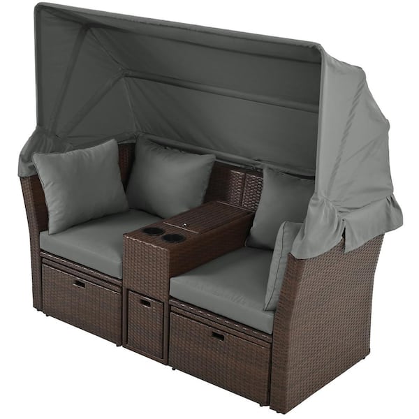 Unbranded 2-Seater Brown Wicker Double Outdoor Day Bed with Grey Cushions and Foldable Awning