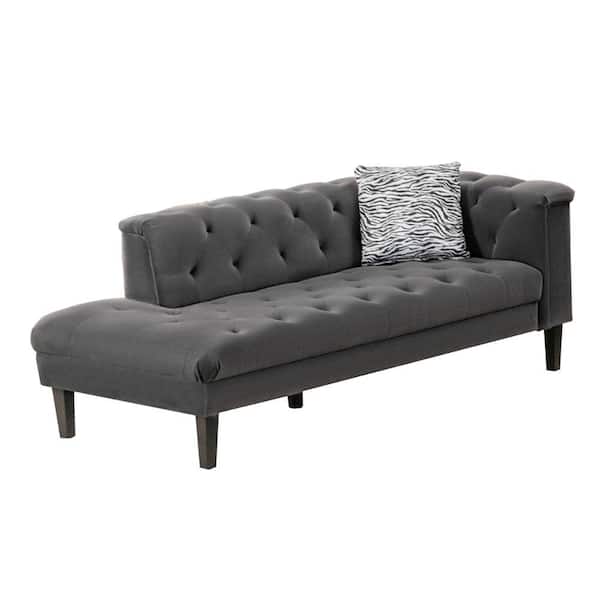 Benjara Gray Velvet Deep Button Tufted Chaise Lounger with Pillow