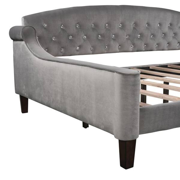 Full Size Upholstered Button Tufted Sofa Bed with Drawers and Waved Shape  Arms, Gray - ModernLuxe