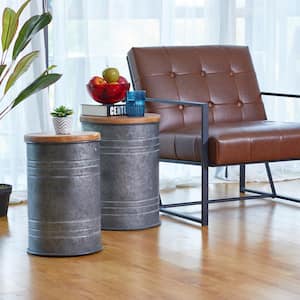 Galvanized Metal Storage Stool with Solid Wood Seat (Set of 2)
