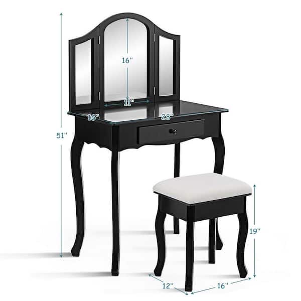 Stool And Drawer Bedroom Set, Black Tri Folding Mirror Vanity Set With Light