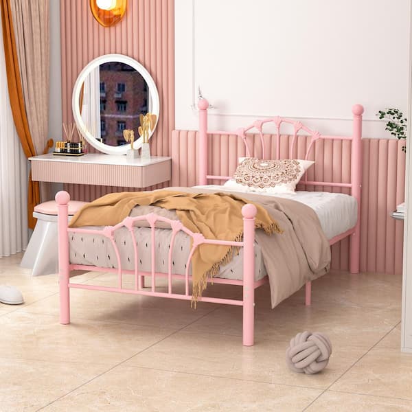VECELO Twin Metal Bed Frame with Shell Headboard, Heavy Duty Slats