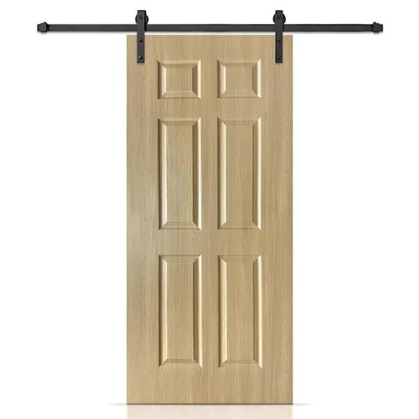 36 in. x 80 in. 6 Panel Hollow Core Oak Finished PVC Composite Interior Sliding Barn Door with Hardware Kit
