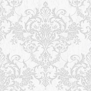 Victorian Damask Silver Wallpaper Sample
