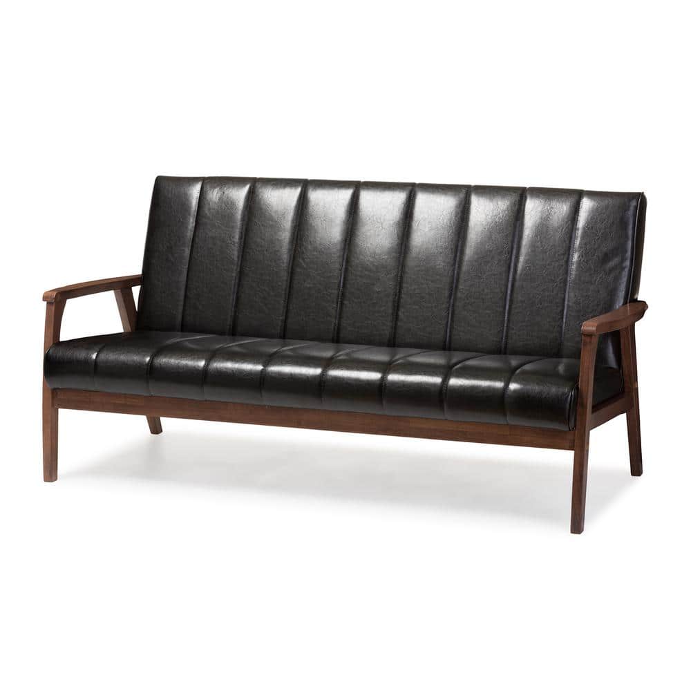 Black Faux Leather 64" Reception Sofa with Wood Frame
