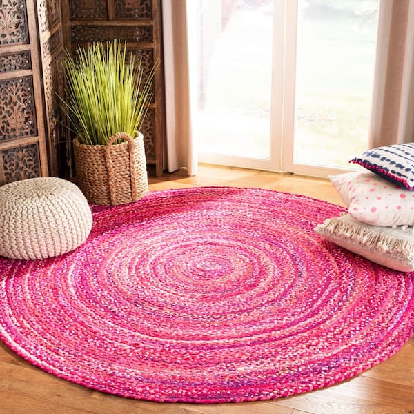 Braided Pink/Fuchsia 5 ft. x 5 ft. Round Solid Area Rug