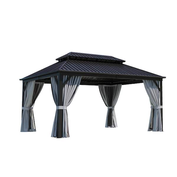 Sizzim 16 ft. W x 12 ft. D Galvanized Steel Double Roof Hardtop Gazebo with Aluminum Frame, Ceiling Hook, Curtain and Netting