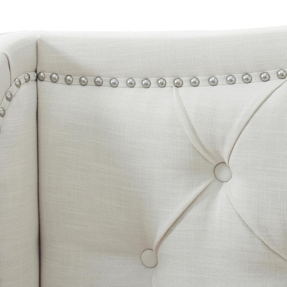 Antique White King Upholstered Bed with Tufted Headboard and Nailhead Trim