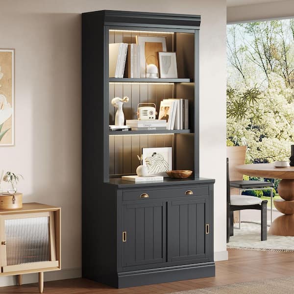 83.4 in. Tall Black Wood 3-Shelf Standard Bookcase with Drawer, Sliding Doors and LED Light