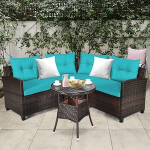 4-Pieces Rattan Patio Furniture Set Outdoor Sectional Sofa Set with Turquoise Cushions