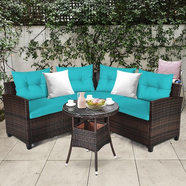 4-Pieces Rattan Patio Furniture Set Outdoor Sectional Sofa Set with Turquoise Cushions