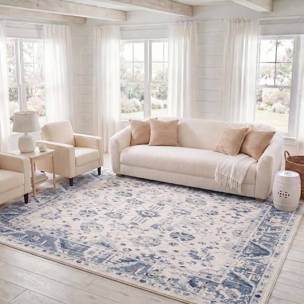 Charleston Ivory/Blue 9 ft. x 12 ft. Floral Area Rug
