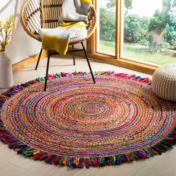SAFAVIEH Braided Blue/Green 3 ft. x 3 ft. Striped Round Area Rug