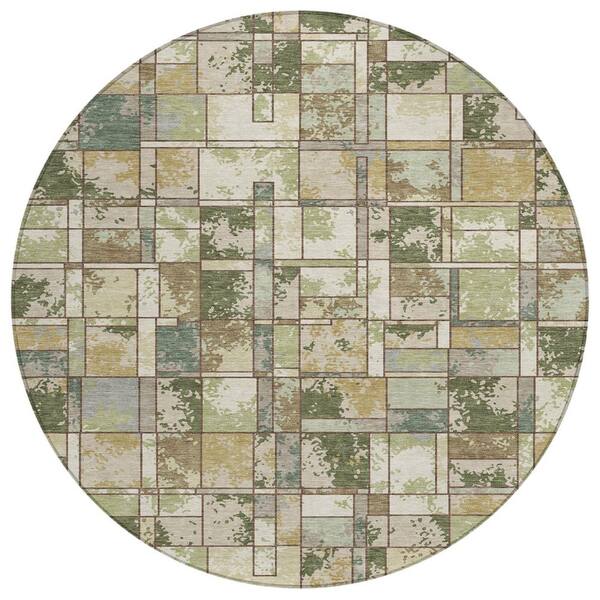 Chantille Machine Washable Indoor/Outdoor Abstract ACN2442 Olive 8 ft. x 8 ft. Round Rug