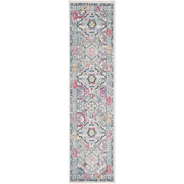 SAFAVIEH Madison Light Gray/Fuchsia 2 ft. x 8 ft. Floral Distressed Runner Rug