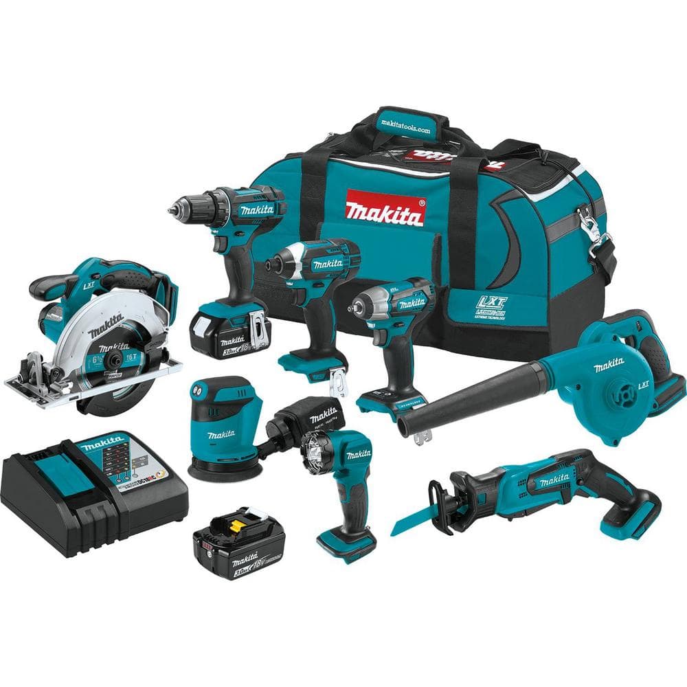 Makita 18V LXT Lithium-Ion 8-Piece Kit Drill/ Impact Drvr/ Circ Saw/ Recip Saw/ Sander/ Impact Wrench/ Blower/ Light 3. 0Ah The Home Depot