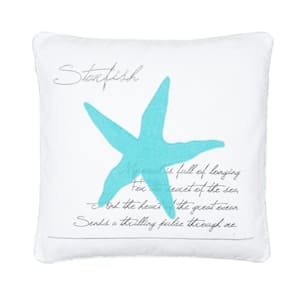 Biscayne White, Teal and Silver Starfish Appliqued 20 in. x 20 in. Throw Pillow