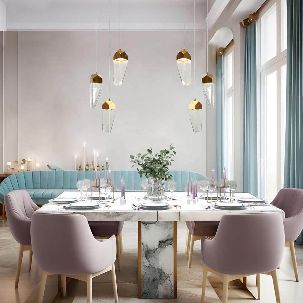 Polished Gold Brass and Crystal 3-Light LED Pendant Chandelier