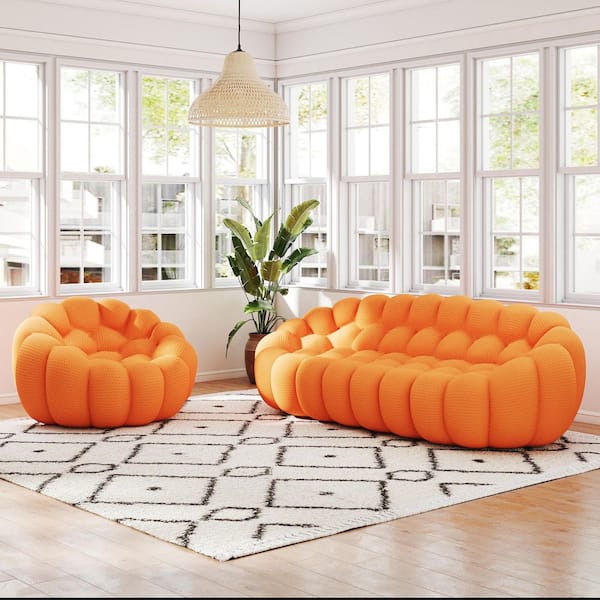 (Set of 2) Bubble Curved Sofa, 98.4 in. Mesh Fabric Modern 3-Seater Sectional Sofa Set w/ Chair for Apartment in Orange