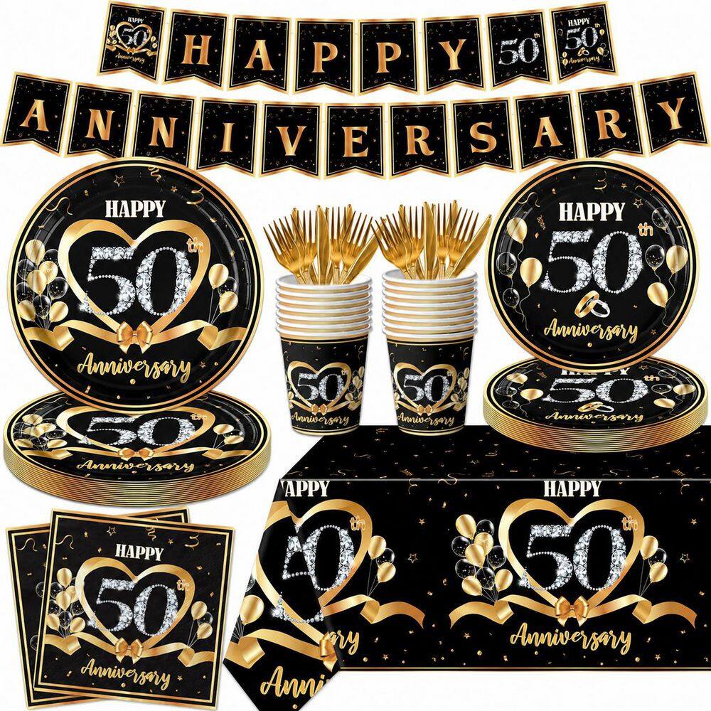 142-Piece 50th Anniversary Party Tableware Set with Black and Gold Plates Napkins Cups Banner for Adults price history on PriceWatchPro