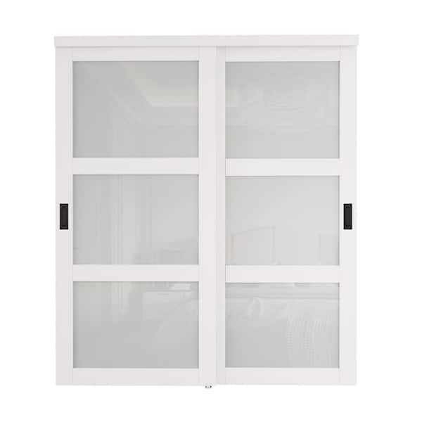 72 in. x 96 in. 3-Lite Frosted Glass White Finished MDF Interior Closet Sliding Door with Hardware and Black Handles