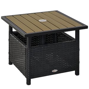 Square Metal Outdoor Side Table with All-Weather Hand-Woven Wicker, Umbrella Hole and 2 Fabric Bags for Holding Sand