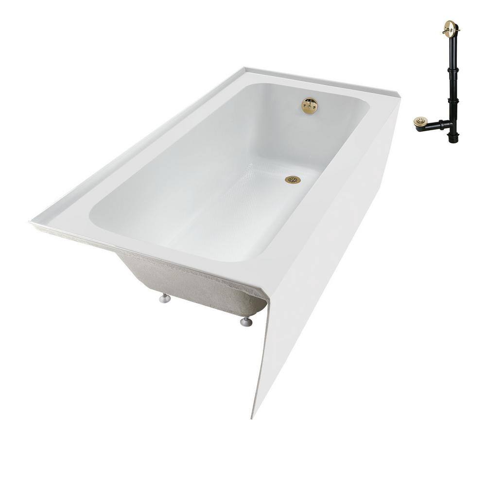 Glossy White Acrylic Rectangular Alcove Bathtub with Polished Brass Drain
