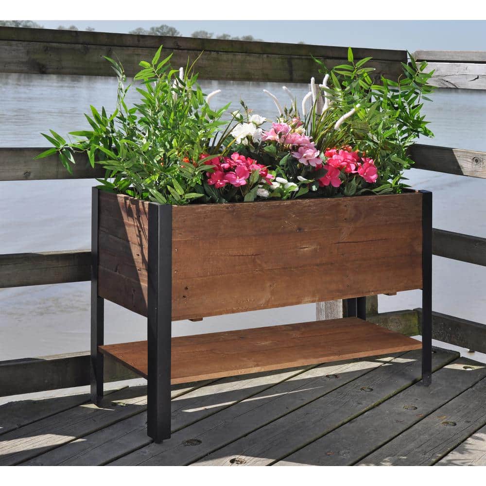 Medium Natural Brown Recycled Wood and Metal Raised Planter Box