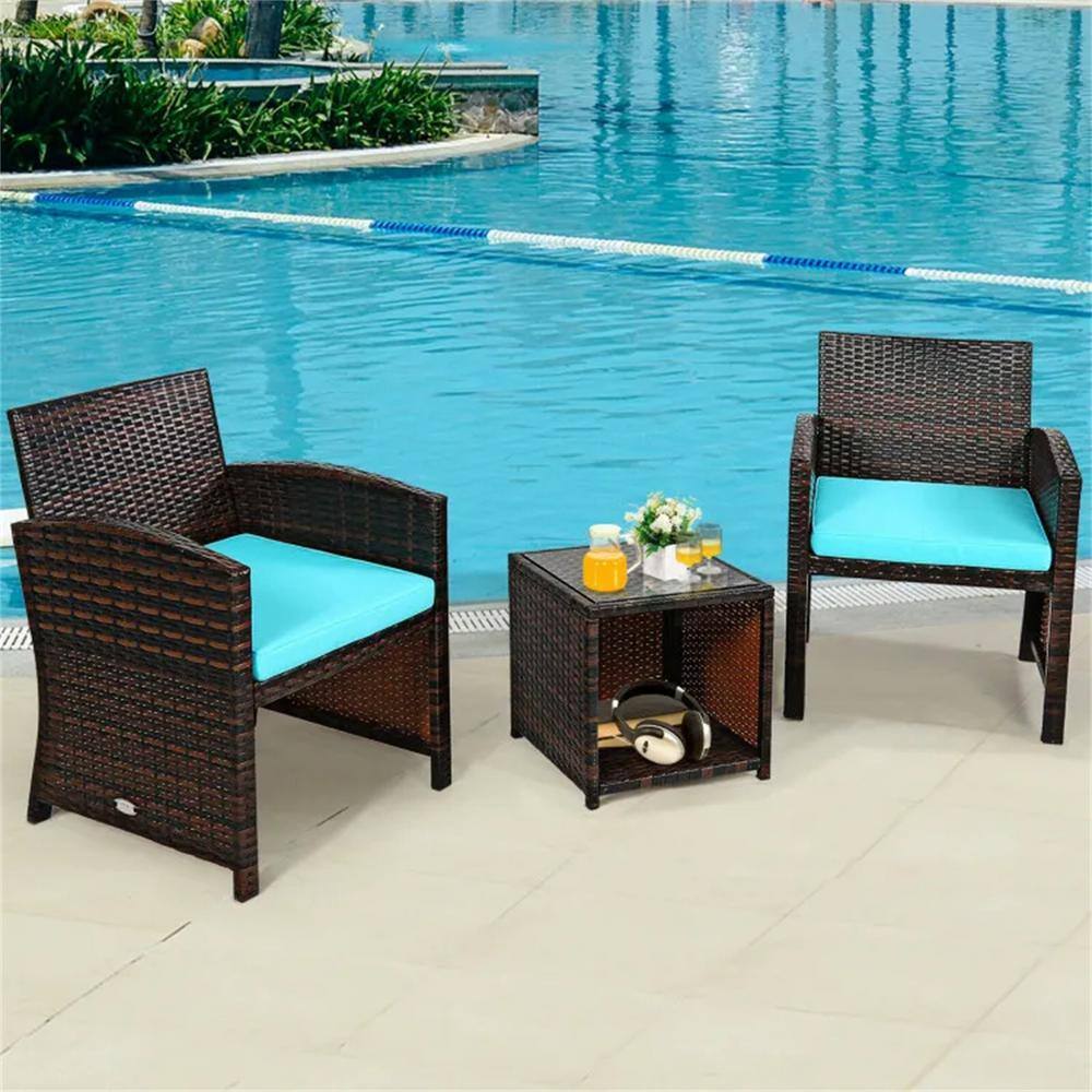Blue 3-Piece Wicker Outdoor Lounge Chair without Sunshade with Blue Cushion