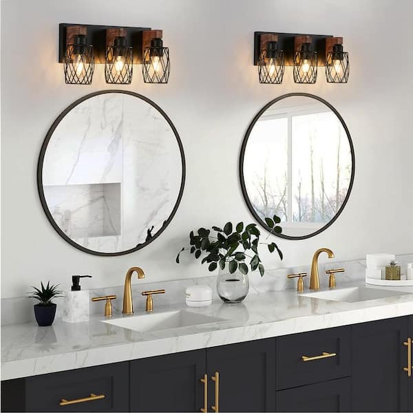17.5 in. W 3 Light Vanity Light Industrial Wall Sconce Walnut Lighting Fixture Over Mirror, E26, No Bulbs Included