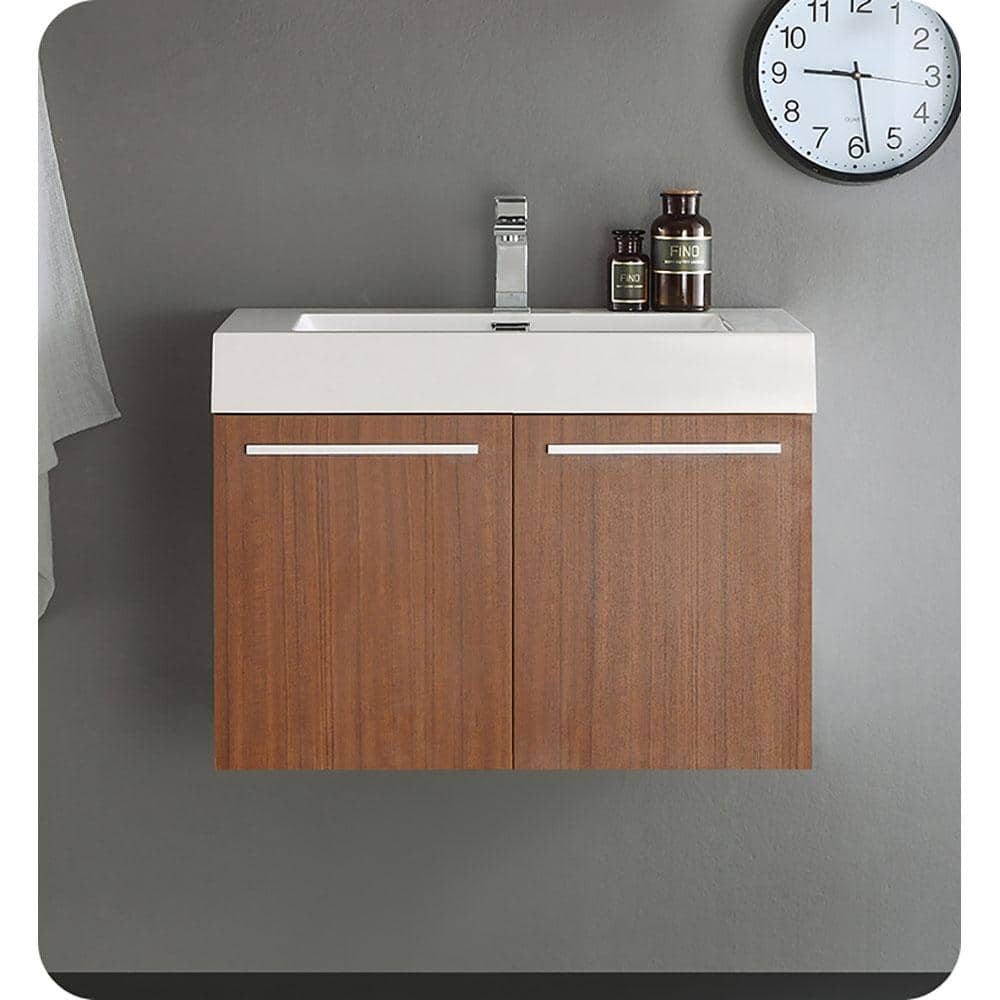 Teak Wall-Mounted Single Sink Vanity with Acrylic Top