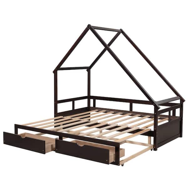 aisword Twin Size Extending Daybed with Two Drawers, Wooden House Bed with Drawers - Espresso