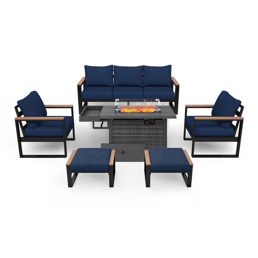 6-Piece Aluminum 7-Seat Outdoor Patio Conversation Set with 52 Inch Fire Pit, Ottomans and Navy Cushions price history on PriceWatchPro