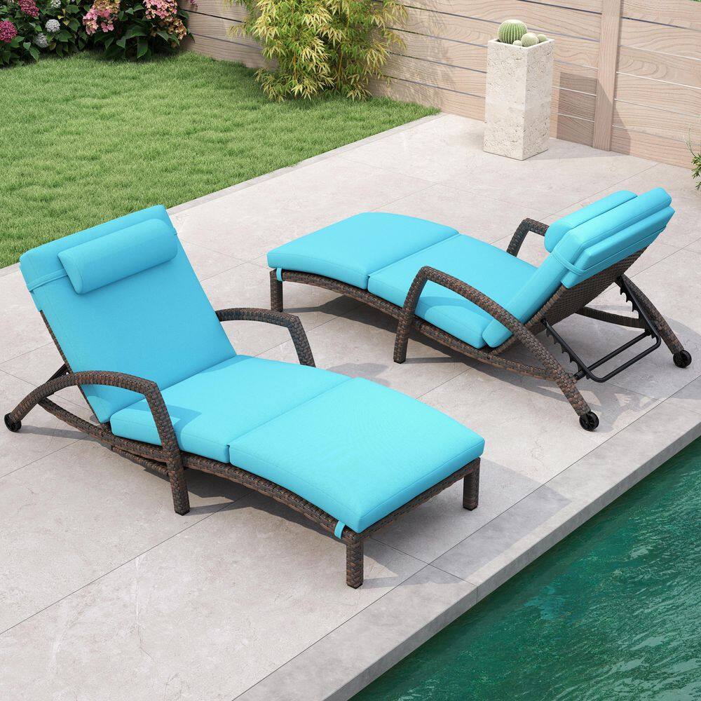 Brown Rattan Chaise Lounges (Set of 2), Wicker Outdoor Patio Pool Chaise Lounge Chair, with Blue Cushion price history on PriceWatchPro