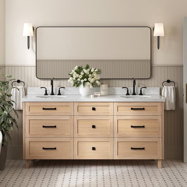 ARIEL Monroe 73 in. W x 22 in. D x 36 in. H Double Sink Bath Vanity in Oak with Italian Carrara Marble Top
