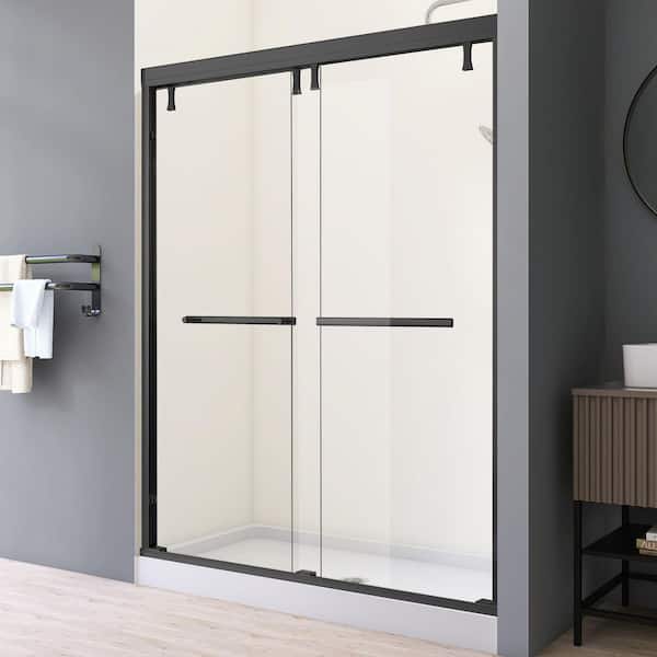 48 in. W x 76 in. H Sliding framed Shower Door in Matte Black Finish with 0.31 in. Thickness Tempered Clear Glass