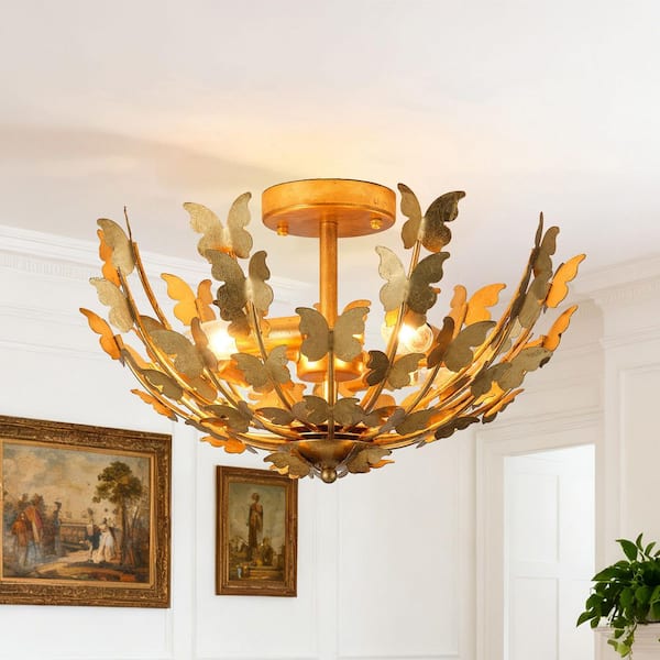 Parrot Uncle 17.72 in. 4-Light Antique Gold Semi-Flush Mount