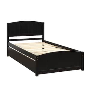 Espresso Twin Size Wood Platform Bed with Trundle, Wood Kid Captain Bed Frame with Headboard and Footboard