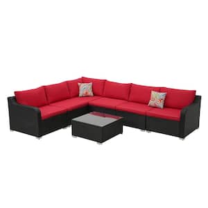 7-Piece Black Wicker Outdoor Patio Conversation Sectional Sofa with Red Cushions