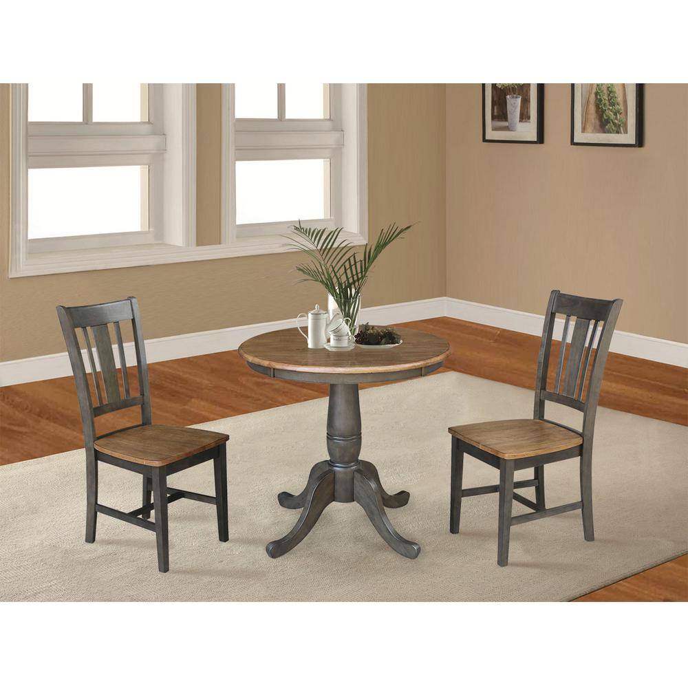 30" Round Hickory Wood Table with 2 Washed Coal Chairs