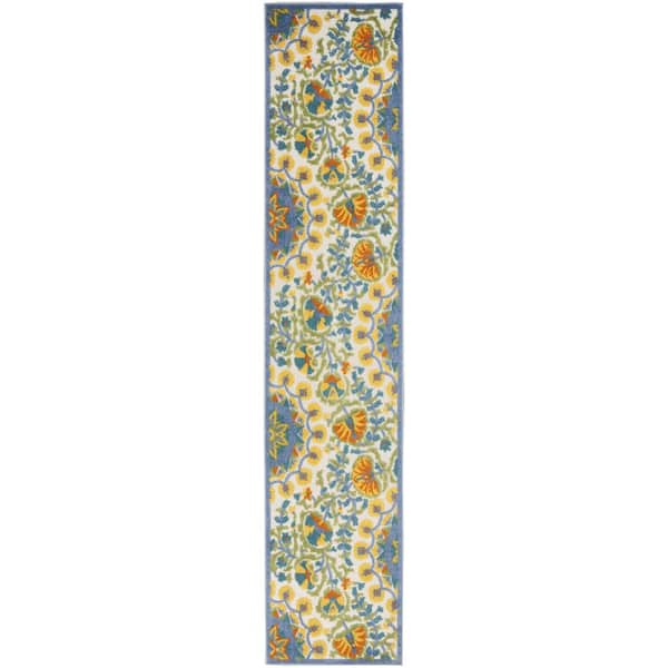 HomeRoots Charlie 2 X 10 ft. Yellow and Teal Floral Indoor/Outdoor Area Rug