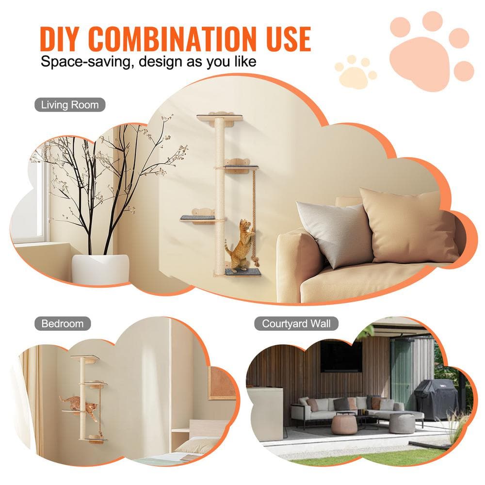 Natural Pine Wood Multi-Level Cat Wall Shelf Set