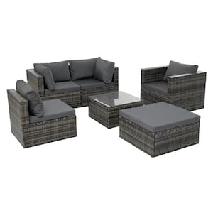 Dark Gray 6-Piece Wicker Outdoor Patio Conversation Set With Tempered Glass Coffee Table and Dark Gray Cushions