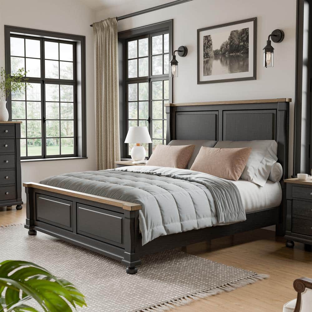 Windcrest Farmhouse Black Wood Frame Queen Panel Bed With Rustic Oak Accents -  Furniture of America, IDF-79009BK-Q