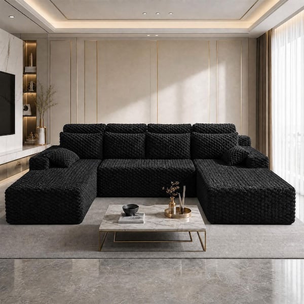 135 in. Square Arm 3-Piece Chenille U-Shaped Foam-Filled Sectional Sofa in Black, Compressed Sofa