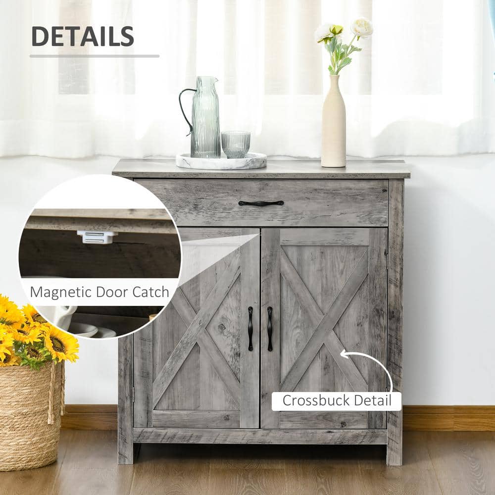 Gray Wash Rustic Farmhouse Barn Door Style Sideboard Cabinet