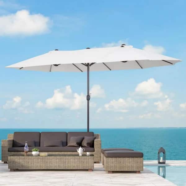 cream rectangular patio umbrella JEAREY 6.5x10 ft Umbrellas Rectangle Outdoor with Push Button Tilt and Crank, Market Table Umbrella 6 Sturdy Ribs UV Protection for Poolside Garden Backyard Deck, Beige quality polyester fabric blocks 98% of UV rays Dracelo 15 ft. Double-Sided Rectangular