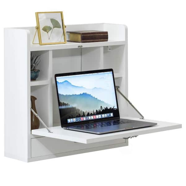 6.75 in. Rectangular White Wood 1-Drawer Laptop Desk With Wall Mount Folding Features