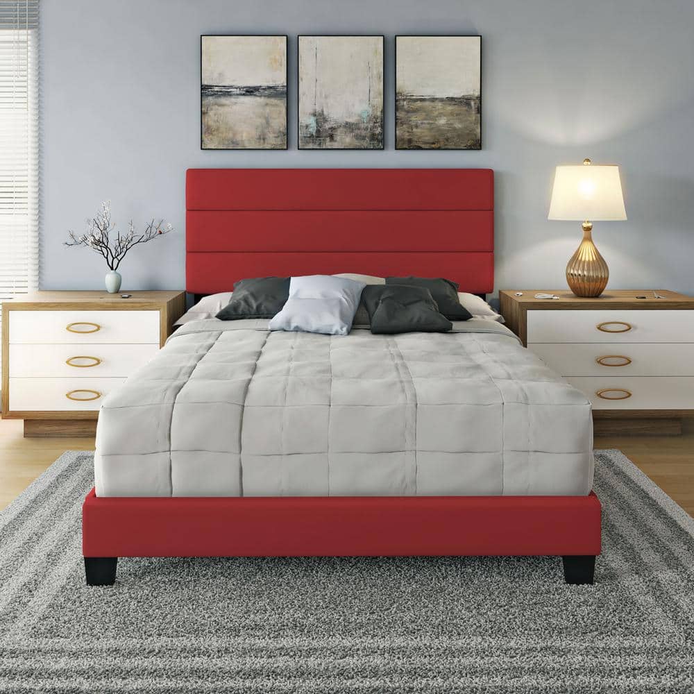 Phoebe Red Faux Leather Upholstered Queen Bed Frame with Slats